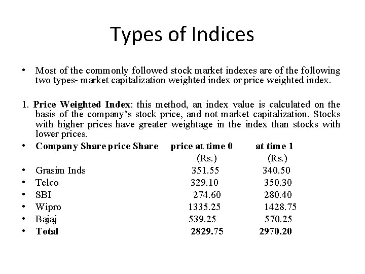 Types of Indices • Most of the commonly followed stock market indexes are of