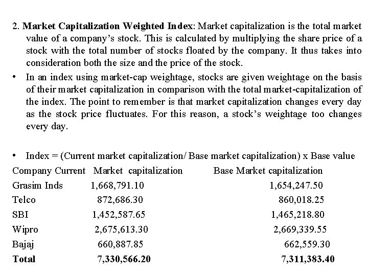 2. Market Capitalization Weighted Index: Market capitalization is the total market value of a