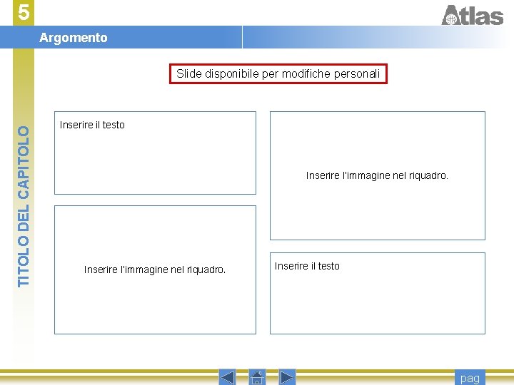 5 Argomento TITOLO DEL CAPITOLO Slide disponibile per modifiche personali Inserire il testo Inserire