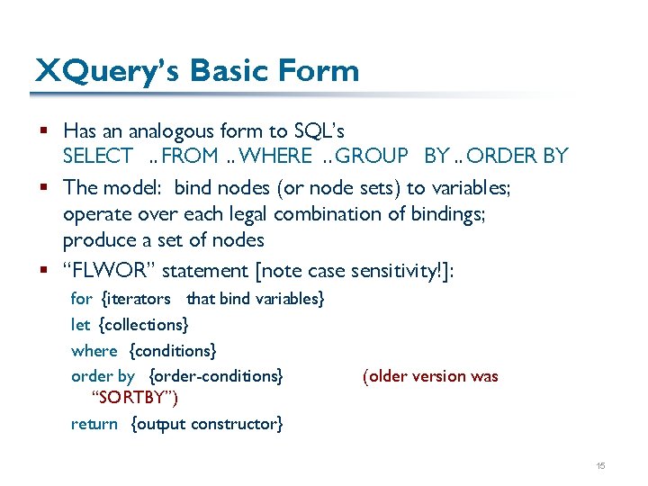 XQuery’s Basic Form § Has an analogous form to SQL’s SELECT. . FROM. .