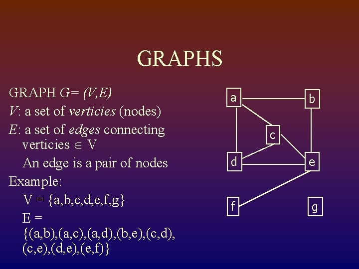 GRAPHS GRAPH G= (V, E) V: a set of verticies (nodes) E: a set