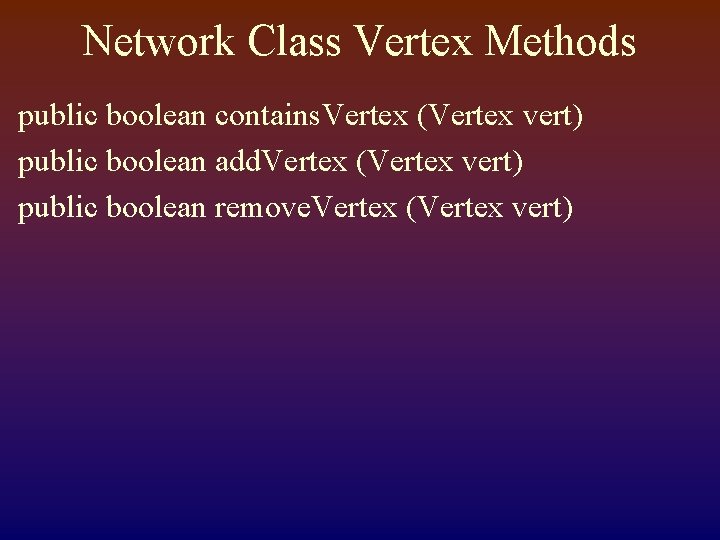 Network Class Vertex Methods public boolean contains. Vertex (Vertex vert) public boolean add. Vertex
