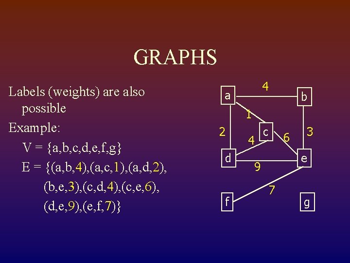 GRAPHS Labels (weights) are also possible Example: V = {a, b, c, d, e,