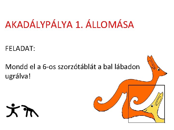 AKADÁLYPÁLYA 1. ÁLLOMÁSA FELADAT: Mondd el a 6 -os szorzótáblát a bal lábadon ugrálva!