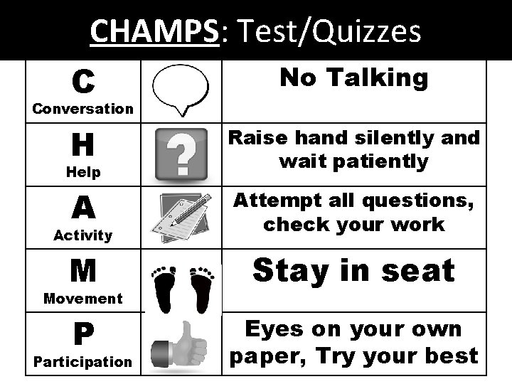 CHAMPS: Test/Quizzes C No Talking H Raise hand silently and wait patiently A Attempt