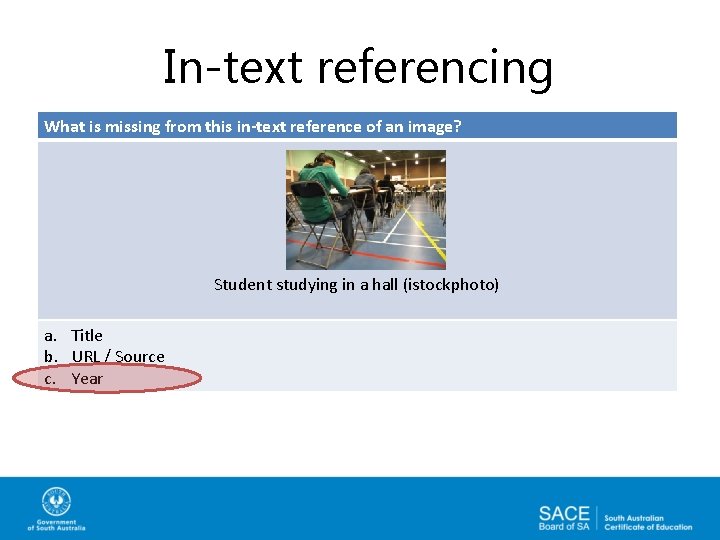In-text referencing What is missing from this in-text reference of an image? Student studying