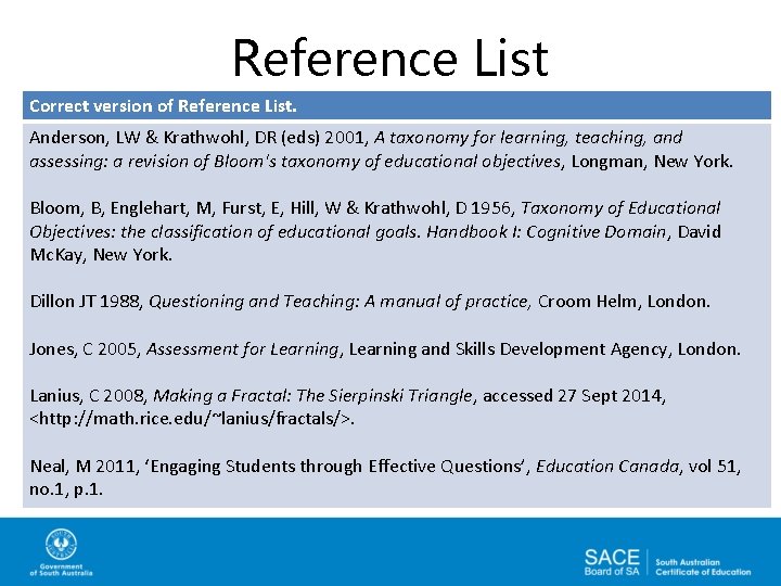 Reference List Correct version of Reference List. Anderson, LW & Krathwohl, DR (eds) 2001,