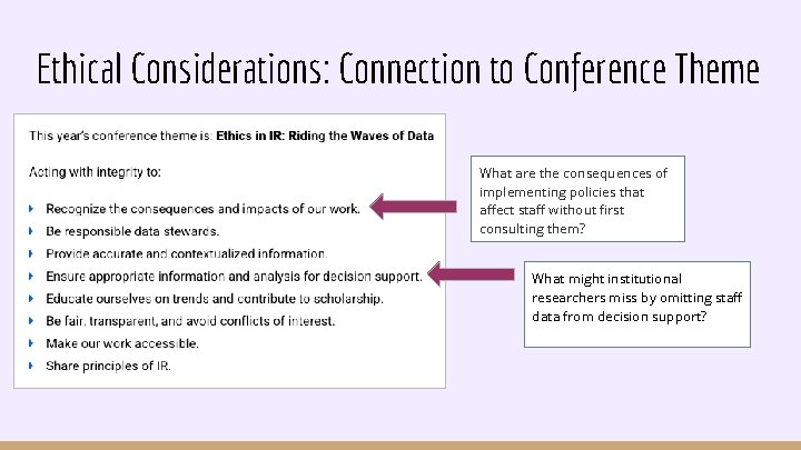 Ethical Considerations: Connection to Conference Theme What are the consequences of implementing policies that