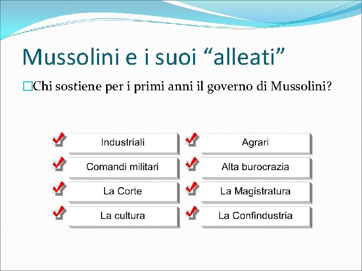 Mussolini e i suoi “alleati” �Chi sostiene per i primi anni il governo di