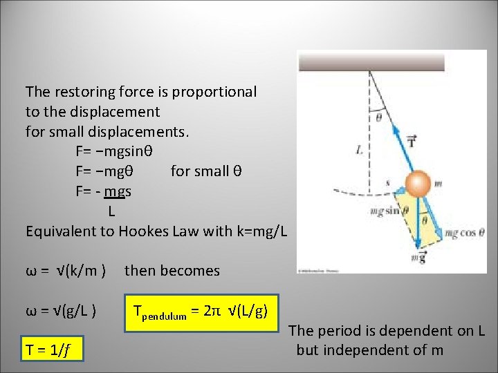 The restoring force is proportional to the displacement for small displacements. F= −mgsinθ F=