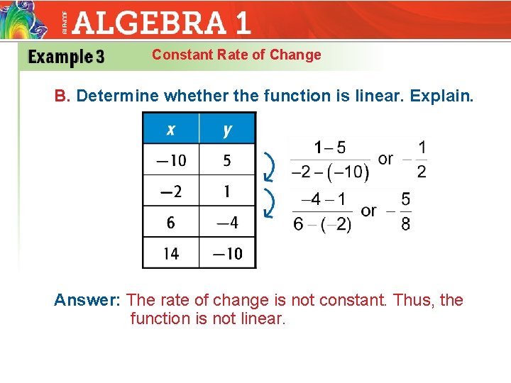 Constant Rate of Change B. Determine whether the function is linear. Explain. Answer: The