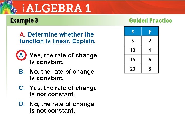 A. Determine whether the function is linear. Explain. A. Yes, the rate of change