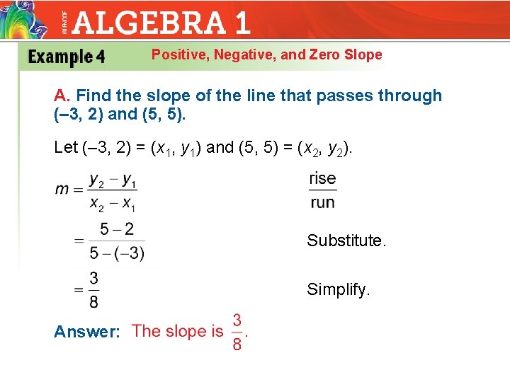 Positive, Negative, and Zero Slope A. Find the slope of the line that passes