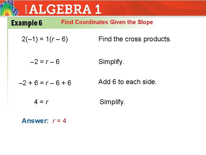 Find Coordinates Given the Slope 2(– 1) = 1(r – 6) – 2 =