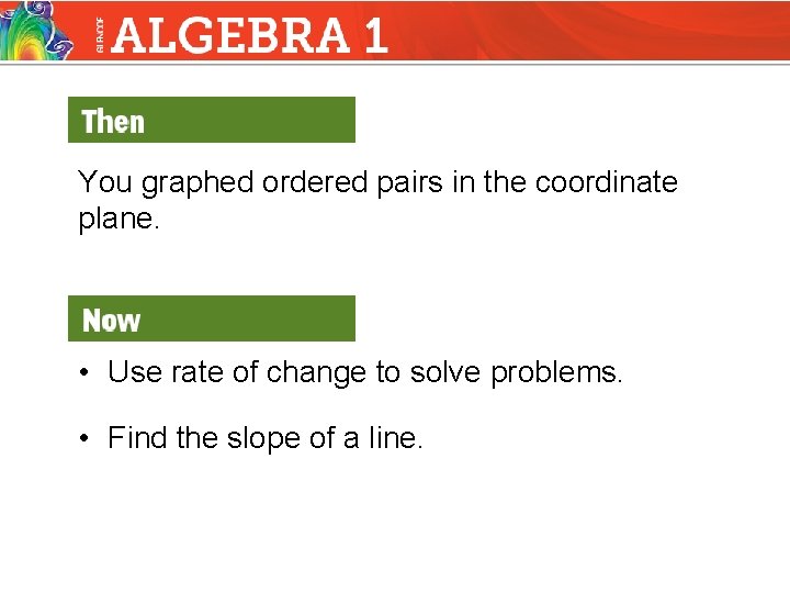 You graphed ordered pairs in the coordinate plane. • Use rate of change to