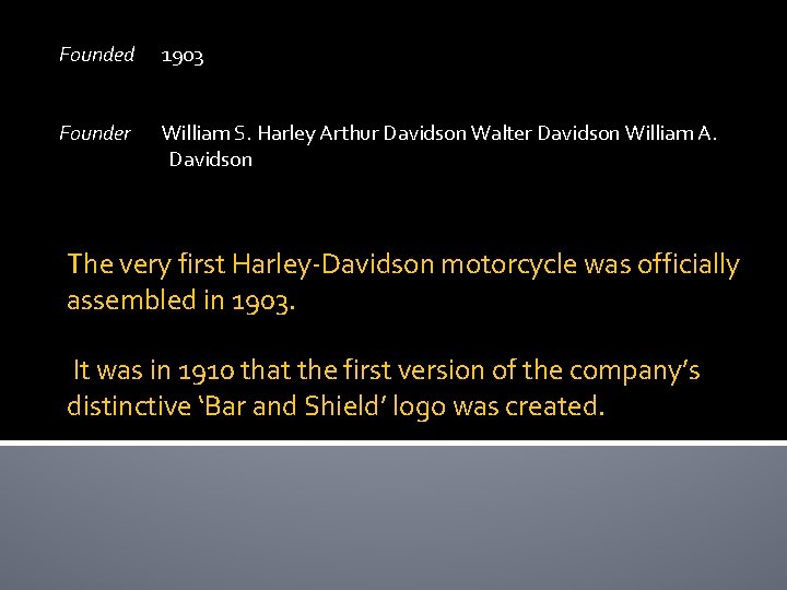 Founded 1903 Founder William S. Harley Arthur Davidson Walter Davidson William A. Davidson The