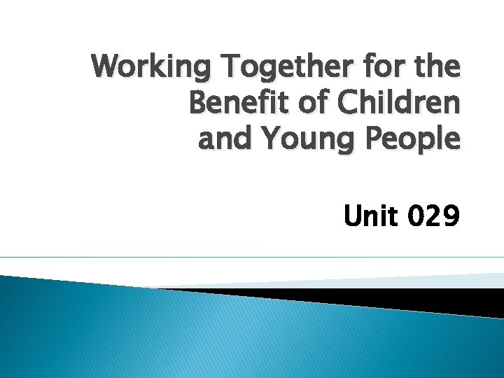 Working Together for the Benefit of Children and Young People Unit 029 