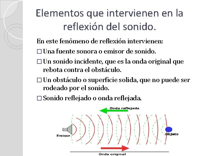 Elementos que intervienen en la reflexión del sonido. En este fenómeno de reflexión intervienen: Elementos que intervienen en la reflexión del sonido. En este fenómeno de reflexión intervienen: