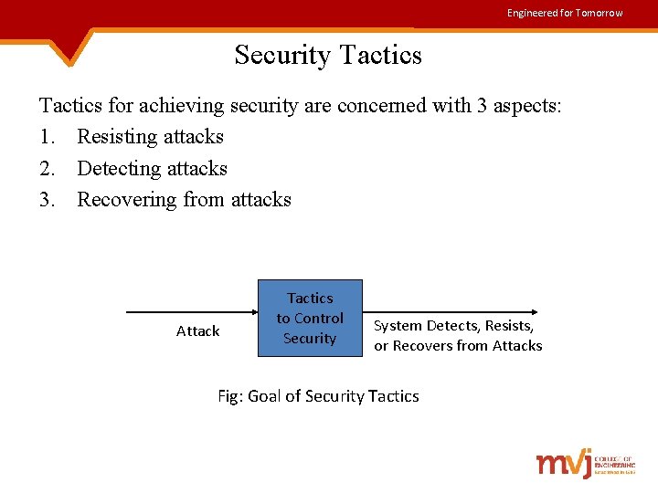 Engineered for Tomorrow Security Tactics for achieving security are concerned with 3 aspects: 1.