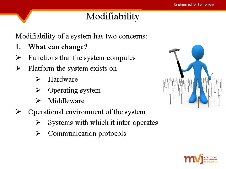 Engineered for Tomorrow Modifiability of a system has two concerns: 1. What can change?