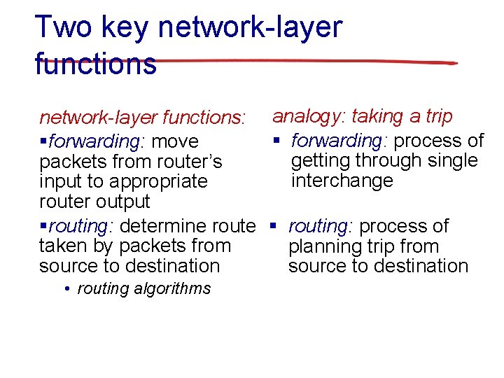 Two key network-layer functions: analogy: taking a trip § forwarding: process of §forwarding: move