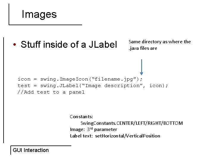 Images • Stuff inside of a JLabel Same directory as where the. java files