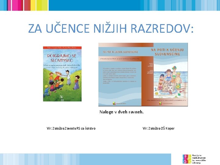 ZA UČENCE NIŽJIH RAZREDOV: Naloge v dveh ravneh. Vir: Založba Zavoda RS za šolstvo