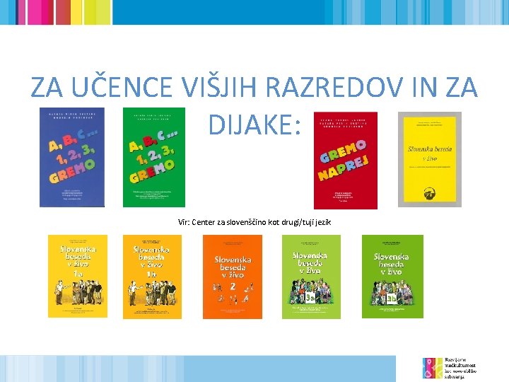 ZA UČENCE VIŠJIH RAZREDOV IN ZA DIJAKE: Vir: Center za slovenščino kot drugi/tuji jezik