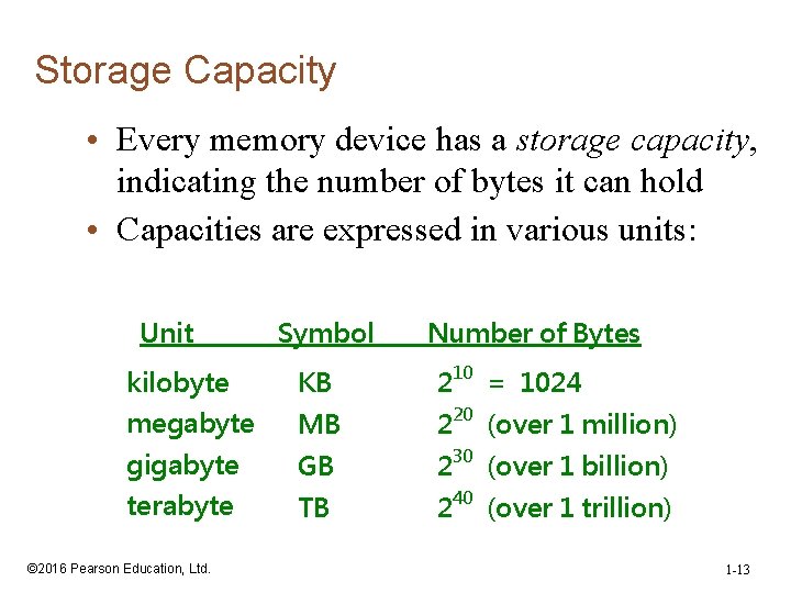 Storage Capacity • Every memory device has a storage capacity, indicating the number of