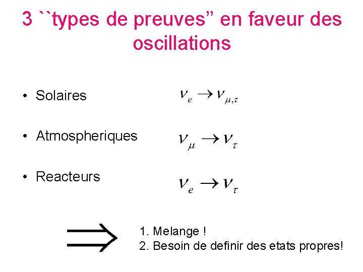 3 ``types de preuves’’ en faveur des oscillations • Solaires • Atmospheriques • Reacteurs