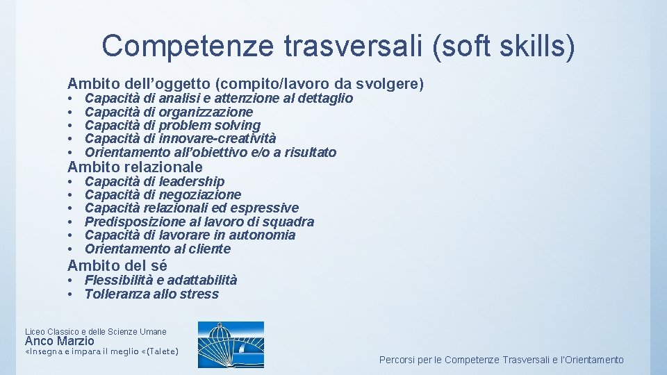 Competenze trasversali (soft skills) Ambito dell’oggetto (compito/lavoro da svolgere) • • • Capacità di Competenze trasversali (soft skills) Ambito dell’oggetto (compito/lavoro da svolgere) • • • Capacità di