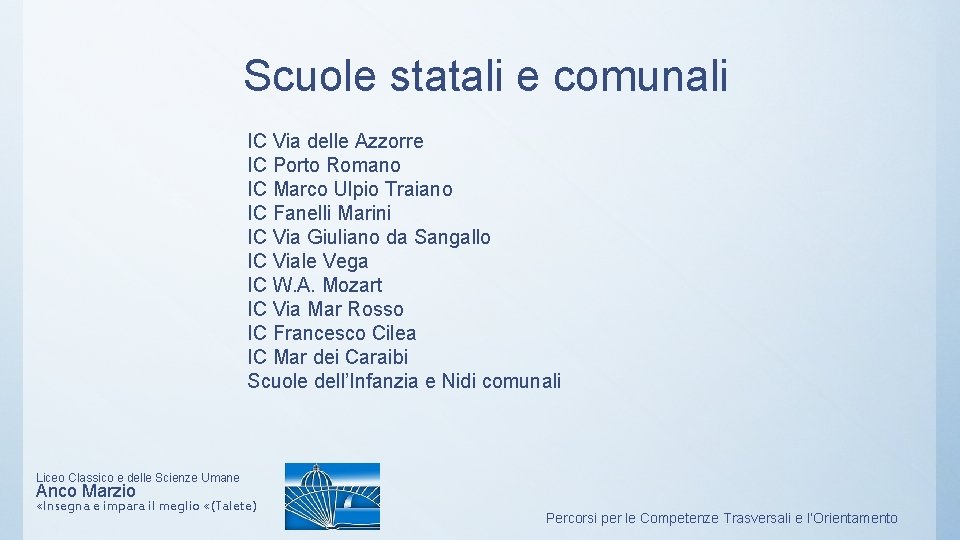 Scuole statali e comunali IC Via delle Azzorre IC Porto Romano IC Marco Ulpio Scuole statali e comunali IC Via delle Azzorre IC Porto Romano IC Marco Ulpio