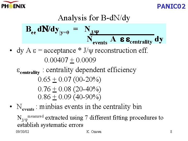 PANIC 02 Analysis for B-d. N/dy Bee d. N/dy|y=0 = NJ/Y Nevents A e
