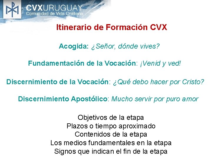 Itinerario de Formación CVX Acogida: ¿Señor, dónde vives? Fundamentación de la Vocación: ¡Venid y