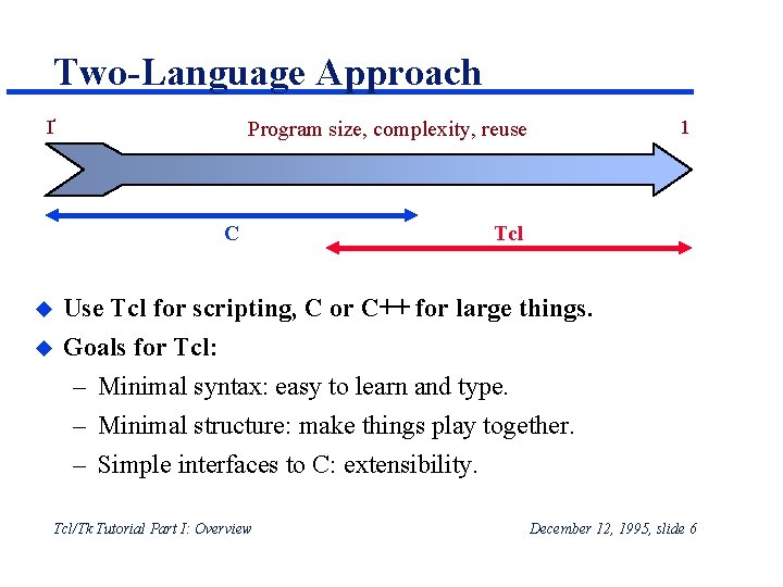 Two-Language Approach 1 Program size, complexity, reuse Ґ C Tcl u Use Tcl for Two-Language Approach 1 Program size, complexity, reuse Ґ C Tcl u Use Tcl for