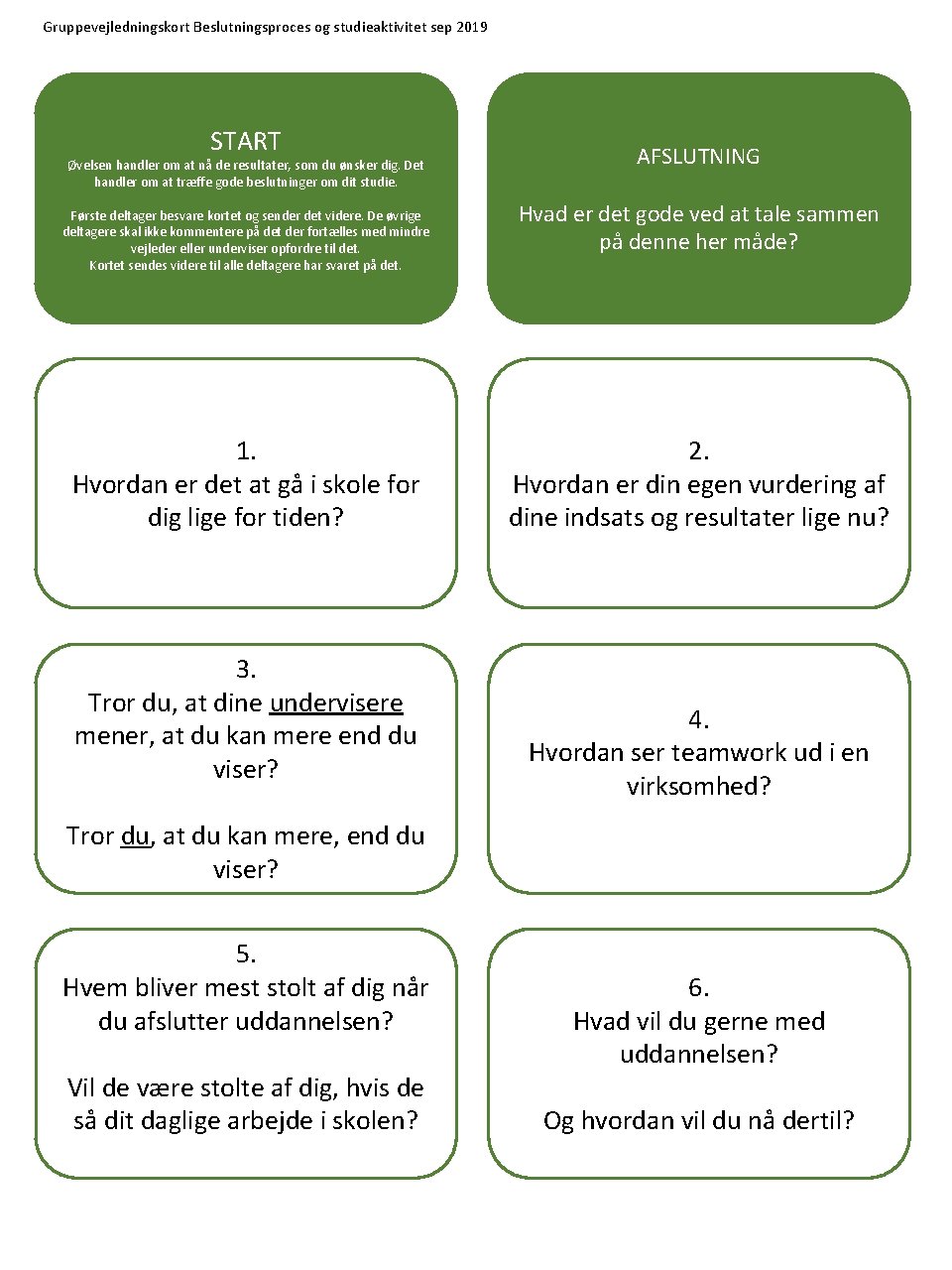 Gruppevejledningskort Beslutningsproces og studieaktivitet sep 2019 START Øvelsen handler om at nå de resultater,