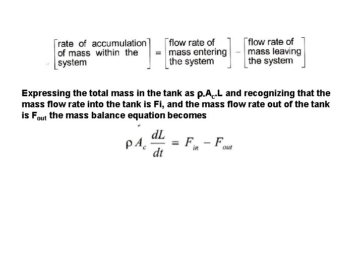 Expressing the total mass in the tank as r. Ac. L and recognizing that Expressing the total mass in the tank as r. Ac. L and recognizing that