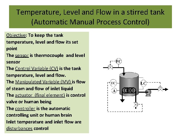 Temperature, Level and Flow in a stirred tank (Automatic Manual Process Control) Objective: To Temperature, Level and Flow in a stirred tank (Automatic Manual Process Control) Objective: To