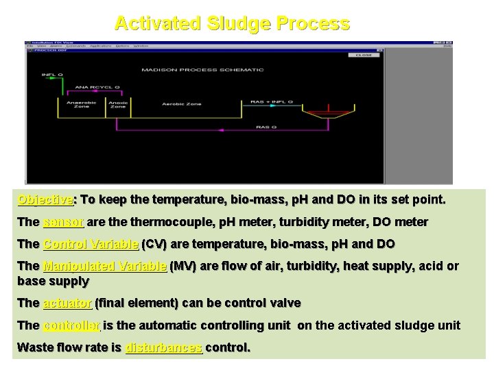Activated Sludge Process Objective: To keep the temperature, bio-mass, p. H and DO in Activated Sludge Process Objective: To keep the temperature, bio-mass, p. H and DO in