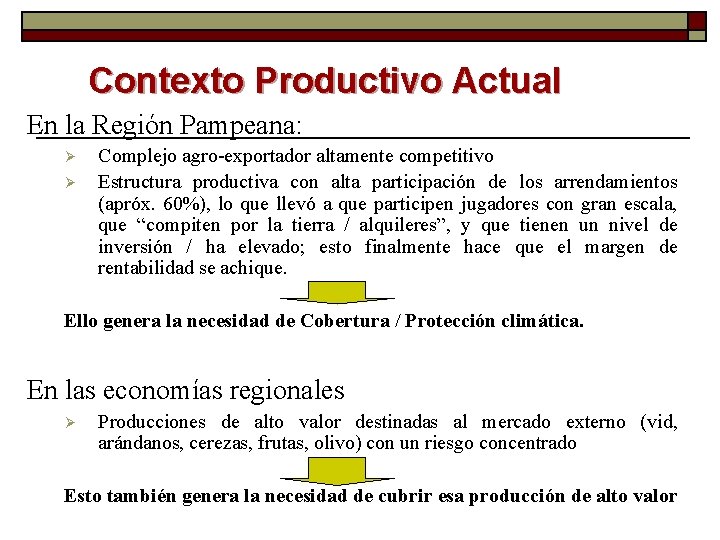 Contexto Productivo Actual En la Región Pampeana: Ø Ø Complejo agro-exportador altamente competitivo Estructura