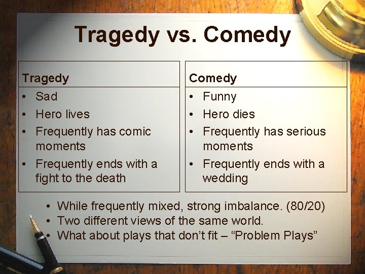 Tragedy vs. Comedy Tragedy Comedy • Sad • Hero lives • Frequently has comic Tragedy vs. Comedy Tragedy Comedy • Sad • Hero lives • Frequently has comic
