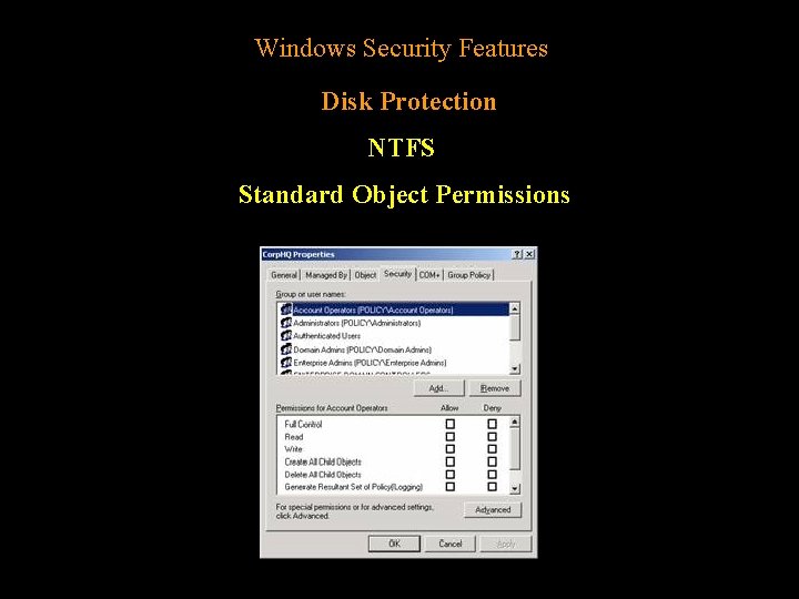 Windows Security Features Disk Protection NTFS Standard Object Permissions 