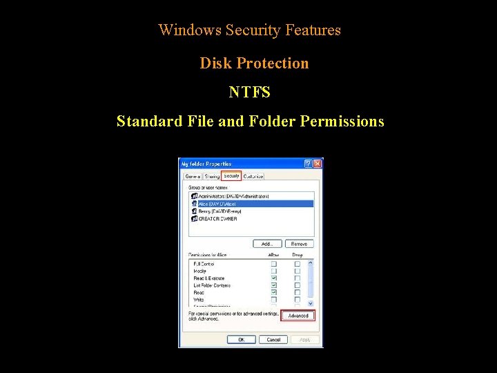 Windows Security Features Disk Protection NTFS Standard File and Folder Permissions 