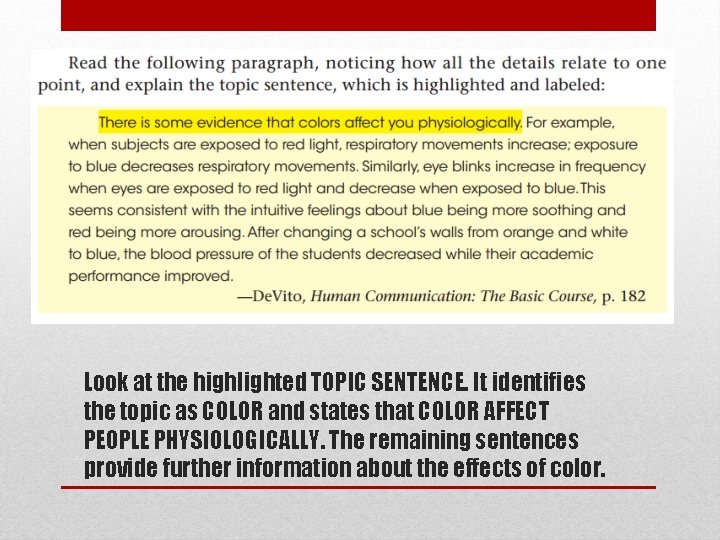 Look at the highlighted TOPIC SENTENCE. It identifies the topic as COLOR and states