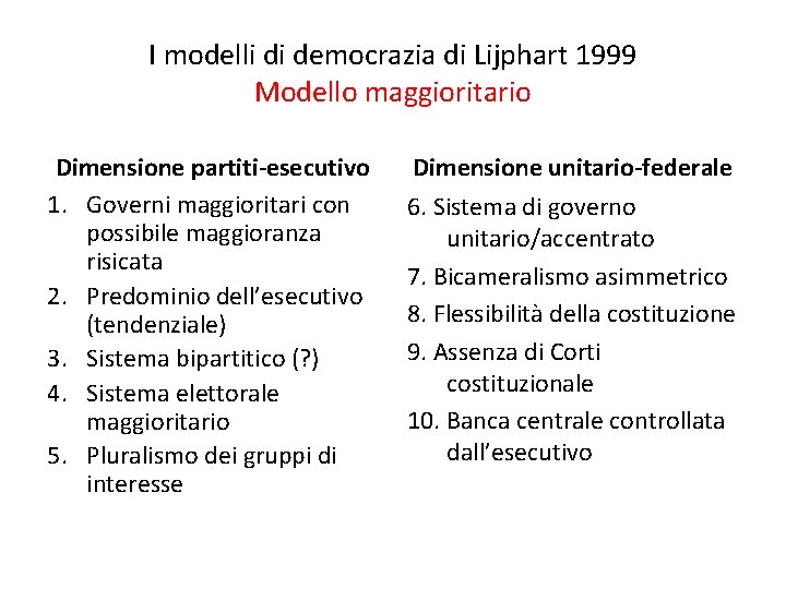 I modelli di democrazia di Lijphart 1999 Modello maggioritario Dimensione partiti-esecutivo 1. Governi maggioritari