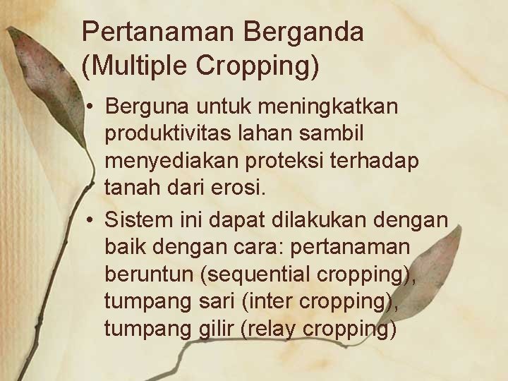 Pertanaman Berganda (Multiple Cropping) • Berguna untuk meningkatkan produktivitas lahan sambil menyediakan proteksi terhadap