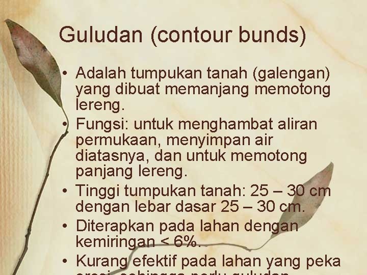 Guludan (contour bunds) • Adalah tumpukan tanah (galengan) yang dibuat memanjang memotong lereng. •