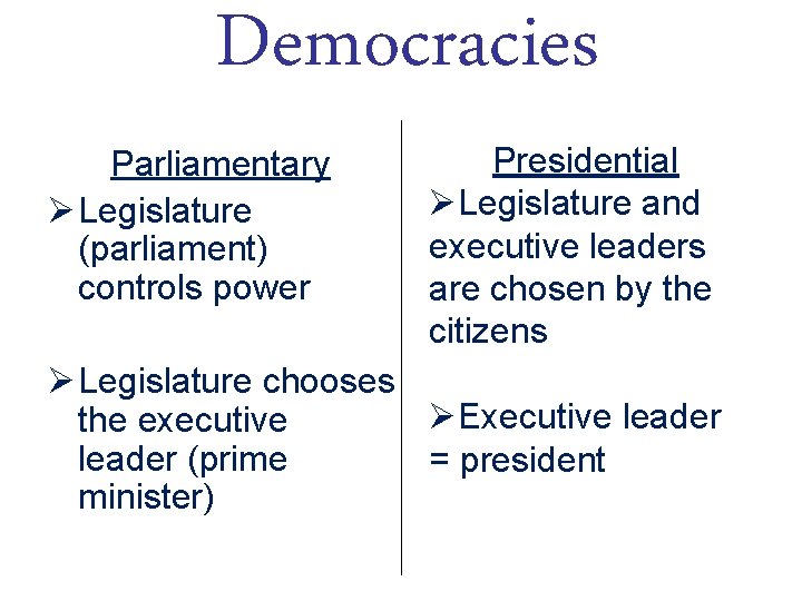 Democracies Parliamentary Ø Legislature (parliament) controls power Presidential ØLegislature and executive leaders are chosen