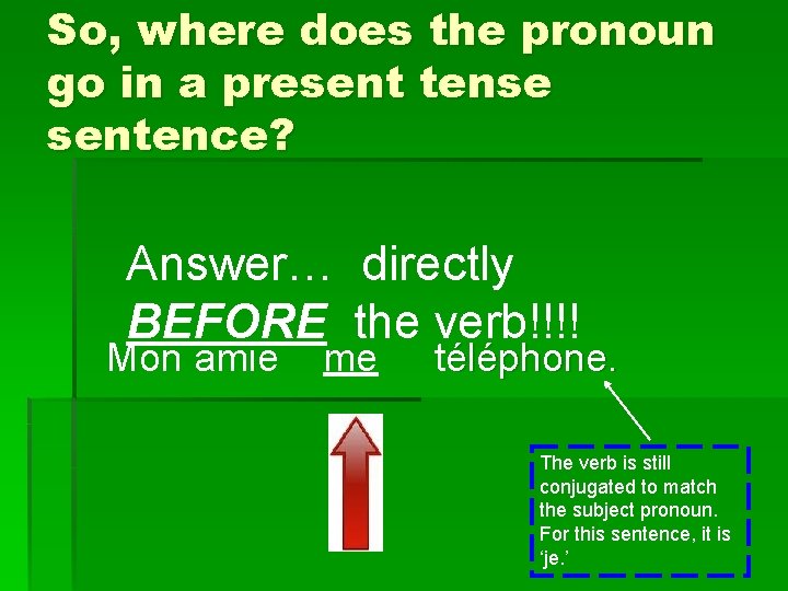 So, where does the pronoun go in a present tense sentence? Answer… directly BEFORE