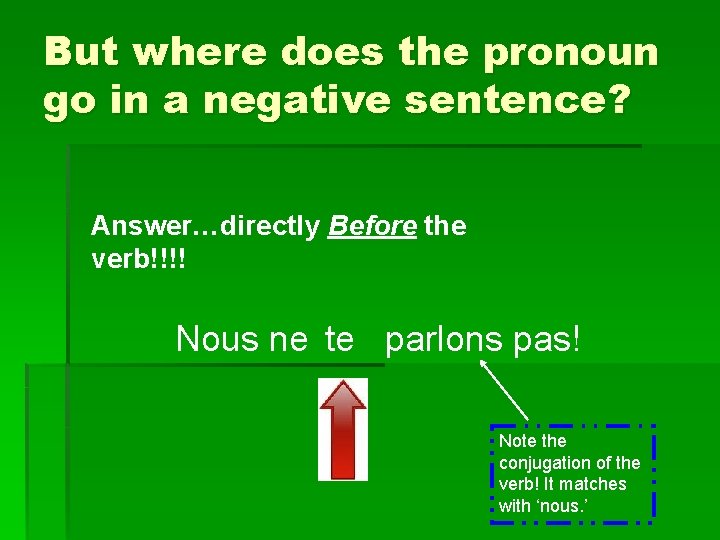 But where does the pronoun go in a negative sentence? Answer…directly Before the verb!!!!